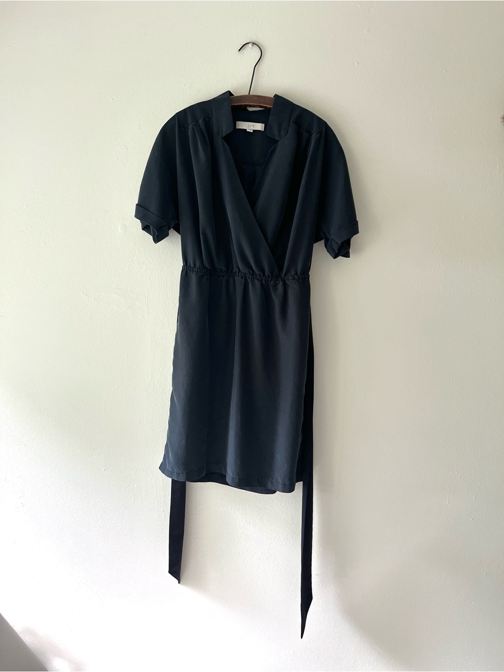 Buttery Soft Pleated Deep Muted Blue Wrap Dress with Tie Waist - Picture 7 of 15